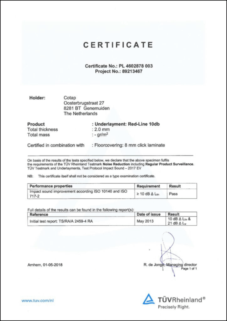 TÜV-certificaat van Co-pro Red-line 10db ondervloer